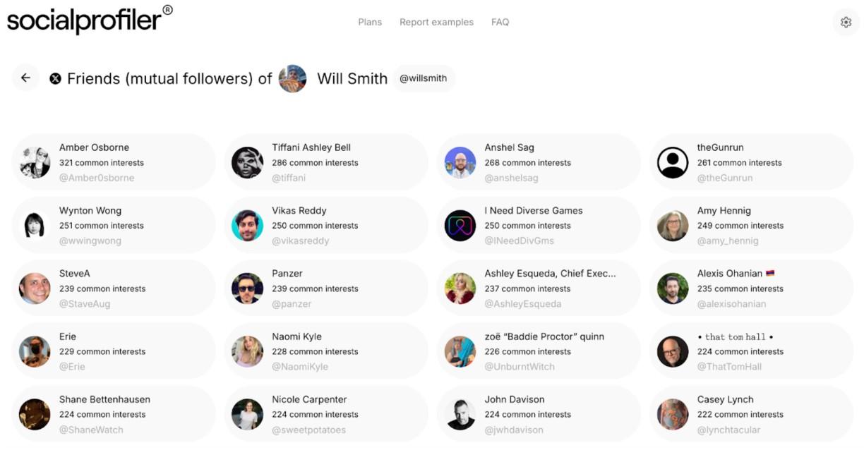 How to Find People on Social Media (Anyone From Anywhere) 4 This shows the social media screenings of Will Smith's mutual Twitter and X followers.