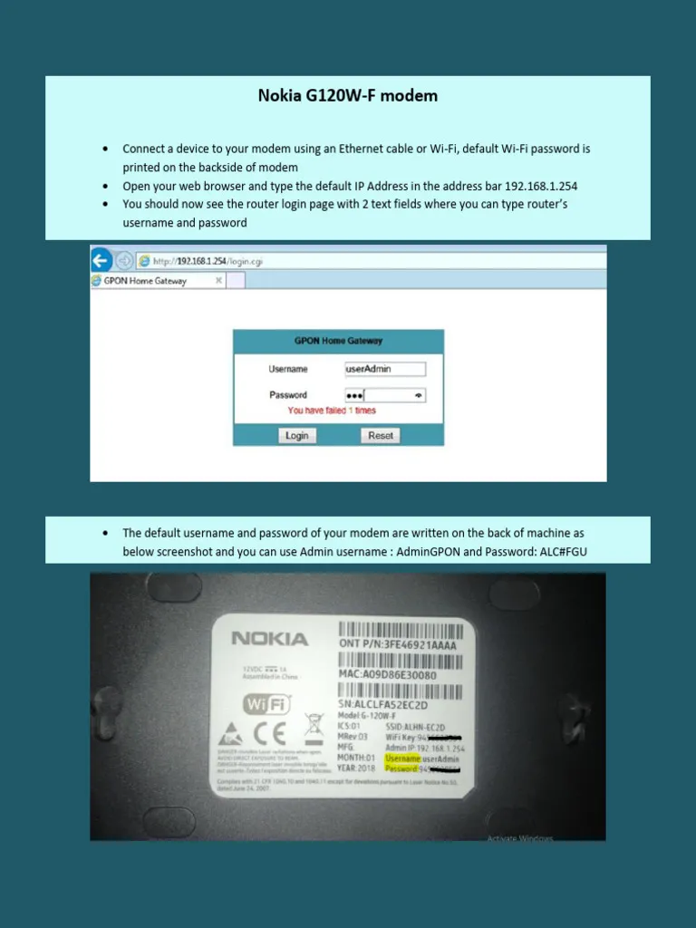 192.168.1.254 Nokia Login Admin Page Settings Area 