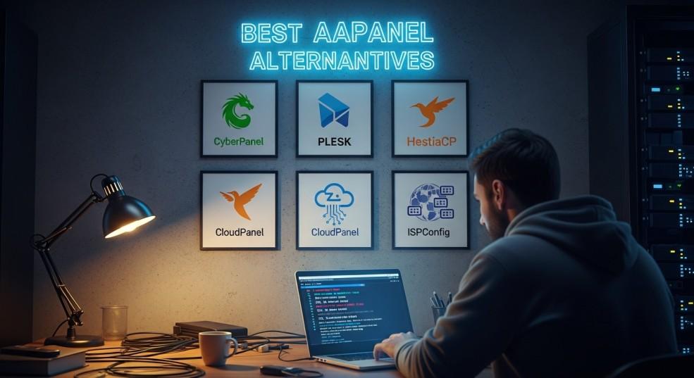 Top 5 aaPanel Alternatives to cut the Hidden Costs 1 Top 5 aaPanel alternatives: CyberPanel, Plesk, HestiaCP, CloudPanel, and ISPConfig logos displayed as solutions for server management struggles