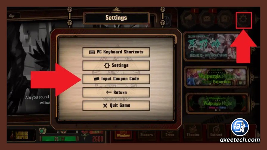 In-game screenshot of the Limbus Company settings interface with the Input Coupon Code button highlighted