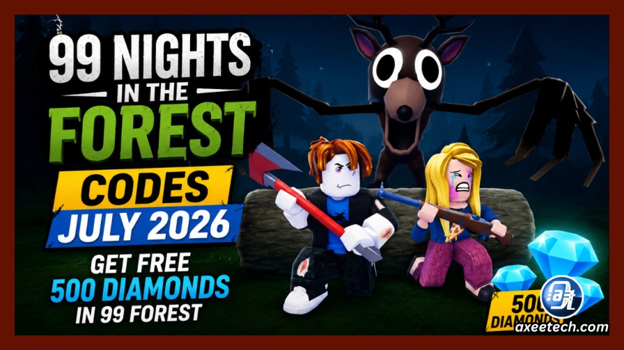 99 Nights in the Forest Codes July 2026: Get Free 500 Diamonds In 99 Forest 1 Roblox players holding flashlights next to a campfire in a dark eerie forest with a two-legged deer monster in the background