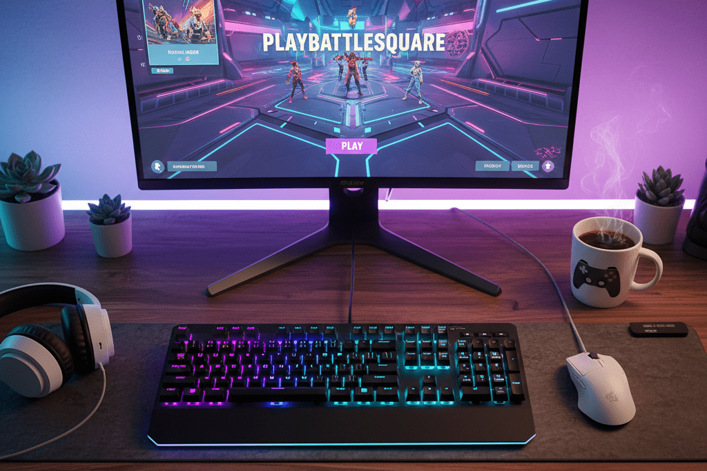 PlayBattleSquare 2025: Proven Ways to Win Big and Feel the Rush 3 Flat lay of a cozy gaming setup with a 120Hz monitor displaying PlayBattleSquare, mechanical keyboard, lightweight mouse, RGB lighting, and a coffee cup on the desk.