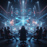 Gamers competing in a futuristic PlayBattleSquare online arena with glowing holographic screens and digital scoreboards, 2025 edition.