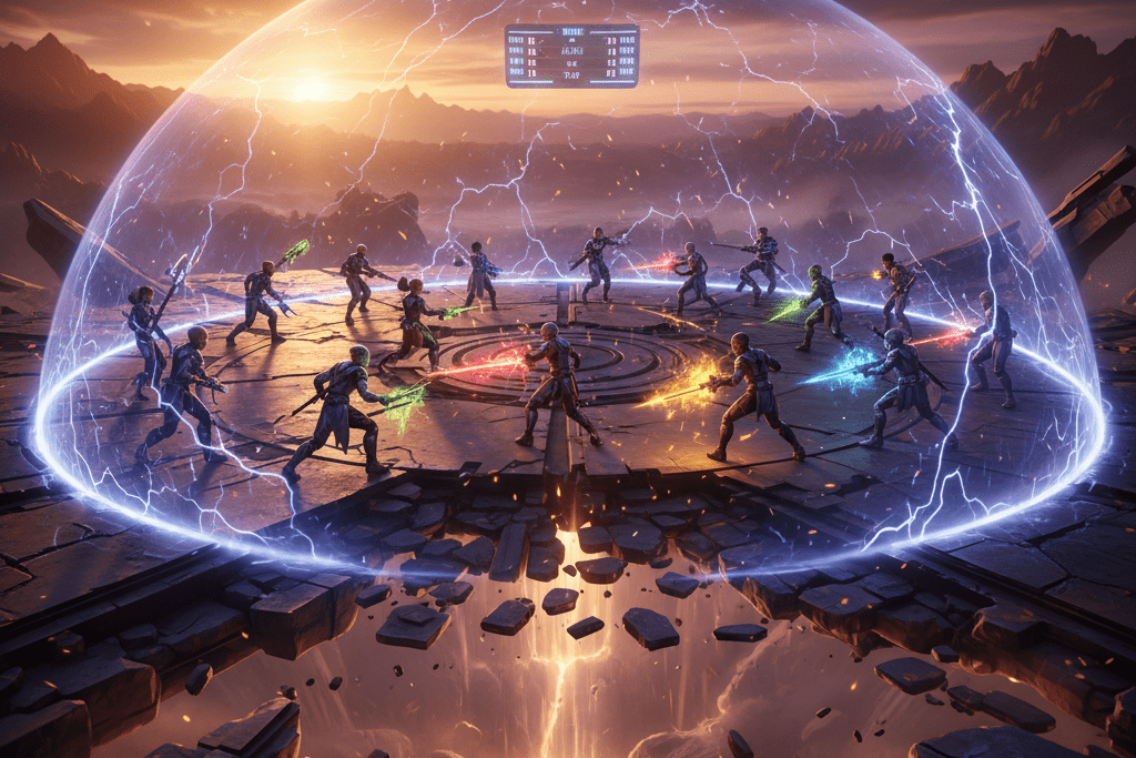 PlayBattleSquare 2025: Proven Ways to Win Big and Feel the Rush 2 Sixteen players battling inside a shrinking PlayBattleSquare arena under a glowing energy field at sunset, with weapons lit and tactical movement visible.