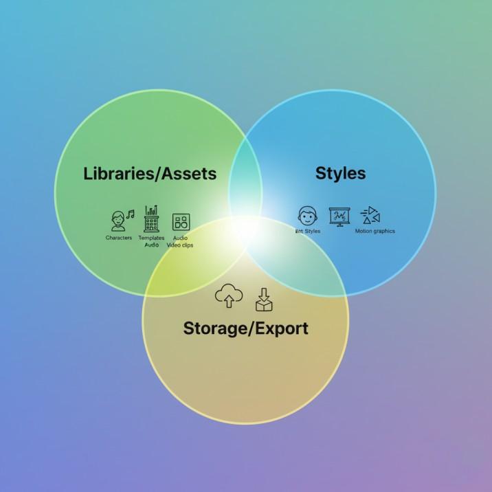 Best GoAnimate Alternative: Top Animation Makers Guide 4 Overlapping circles representing advanced features of animation software: extensive asset libraries, diverse animation styles, and flexible storage/export options.
