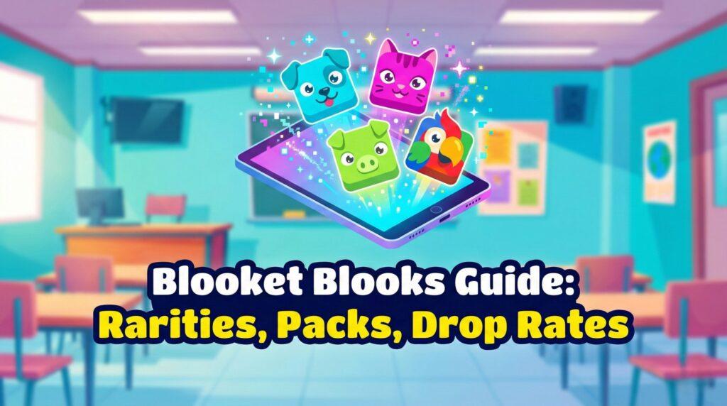 Blooket Blooks Guide: Rarities, Packs, Drop Rates 1 3D illustration of colorful square Blooket Blooks characters floating out of a tablet screen in a classroom setting.