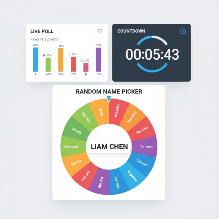 joincrs.com Student Login – How to Join Classroomscreen Lessons 2 Collage of Classroomscreen interactive widgets: poll results, countdown timer, and random name picker