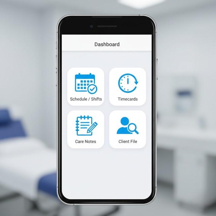 Official BrightStar Care Login Guide 2026: ABS and MABS 3 Dashboard view of the BrightStar Care employee portal showing icons for schedules, timecards, and care plans.