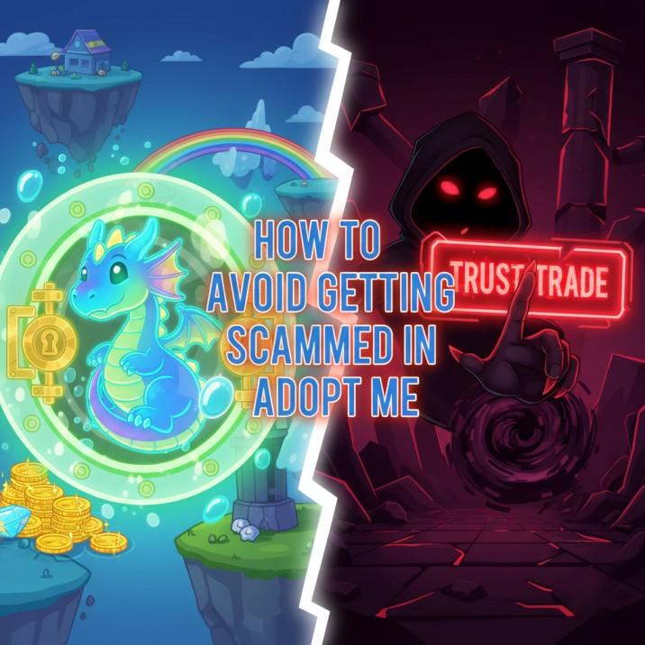 Stylized image showing a valuable legendary pet protected inside a green vault on one side, while a shadowy hand reaches towards a deceptive "Trust Trade" button on the other, symbolizing safe trading practices.