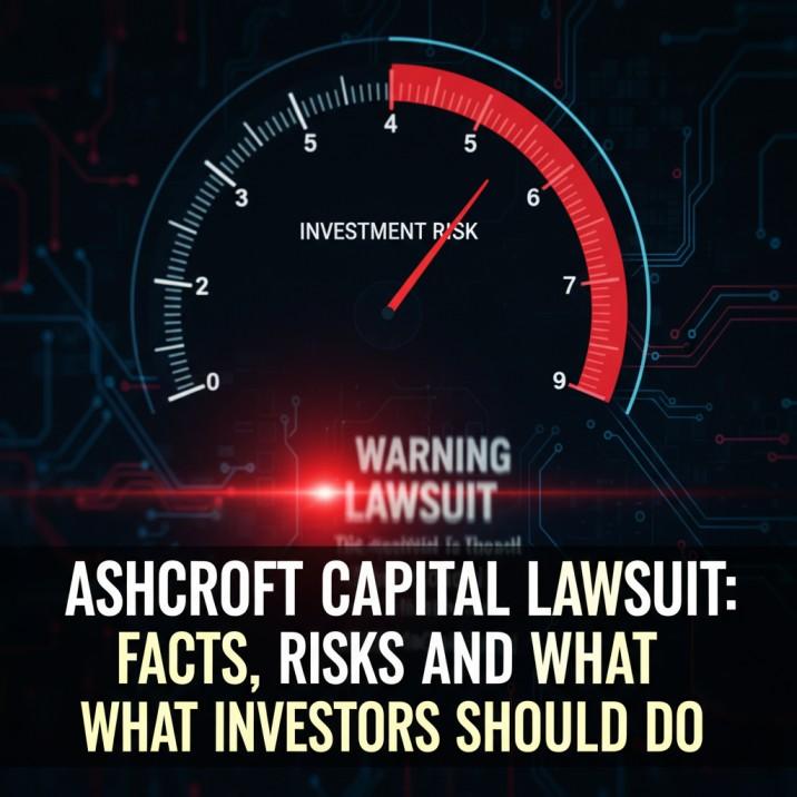Digital dashboard gauge for an investment displaying the needle deep in the red "Warning" zone with a blurred headline about a lawsuit, symbolizing the high-risk alert for investors.