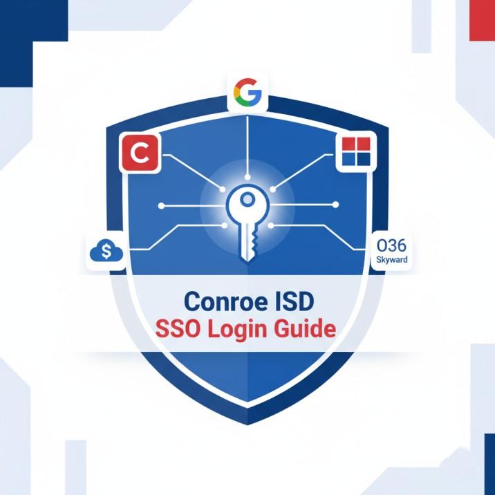 Stylized graphic of a central key unlocking multiple school application icons, symbolizing the Conroe ISD SSO login.