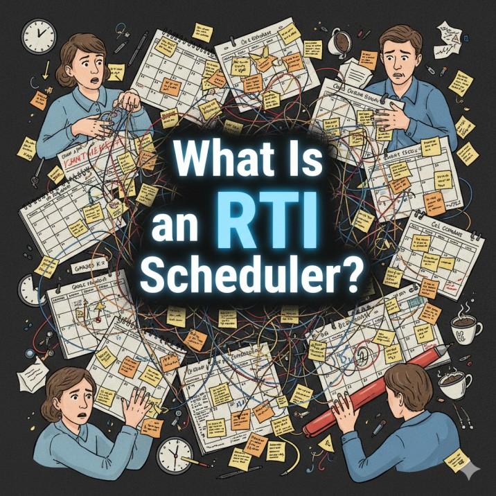 Digital illustration showing a messy, chaotic school timetable covered in sticky notes and crossing lines, symbolizing the difficulty of manual RTI scheduling.
