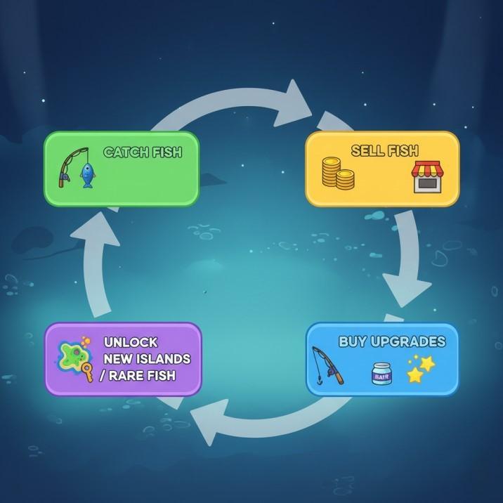 Roblox Fish It Guide 2026: Secret Fish, Best Rods, Baits And Enchants 1 Diagram illustrating the core gameplay loop of Roblox Fish It Guide: catch, sell, upgrade (rod/bait/enchants), and progress to new content.