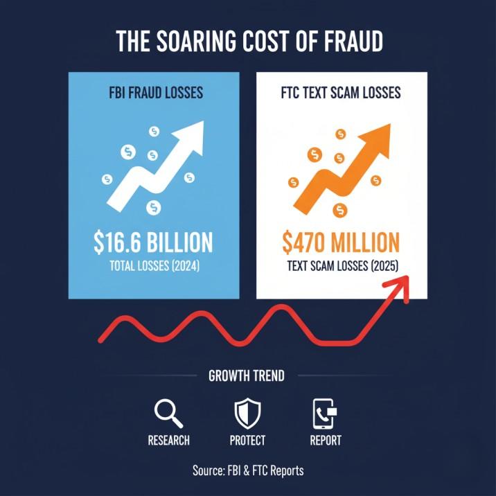 Is 1-855-726-2344 a Real Bank of America Number? Red Flags, Proof, and What To Do 1 Infographic showing the massive scale of fraud in 2024, including $16.6 billion in losses reported to the FBI and the sharp increase in losses due to text scams.