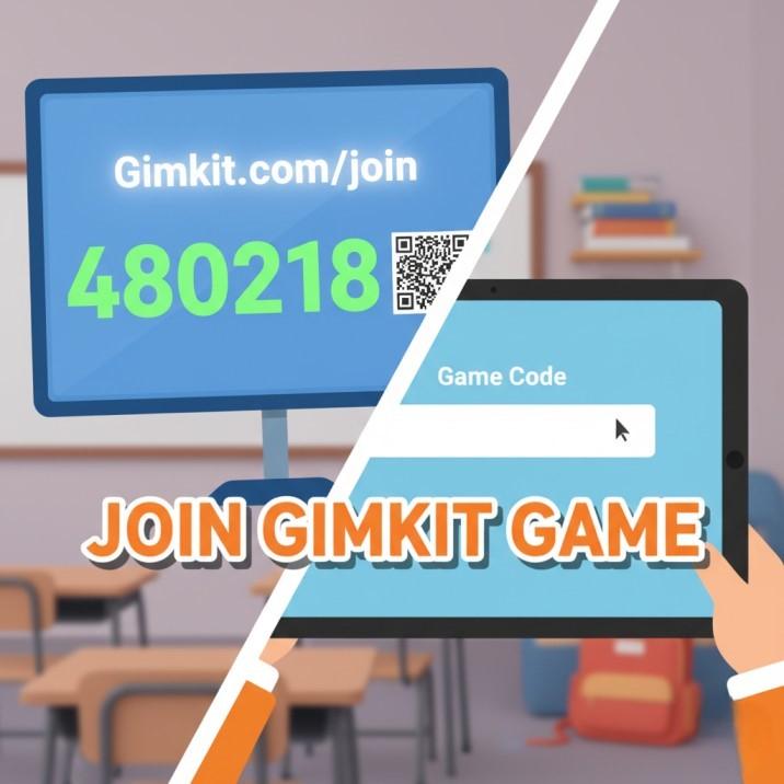 A split image showing a Gimkit game code on a teacher's screen and a student's device on the Gimkit Join page, illustrating the seamless process of entering a code to join a game.