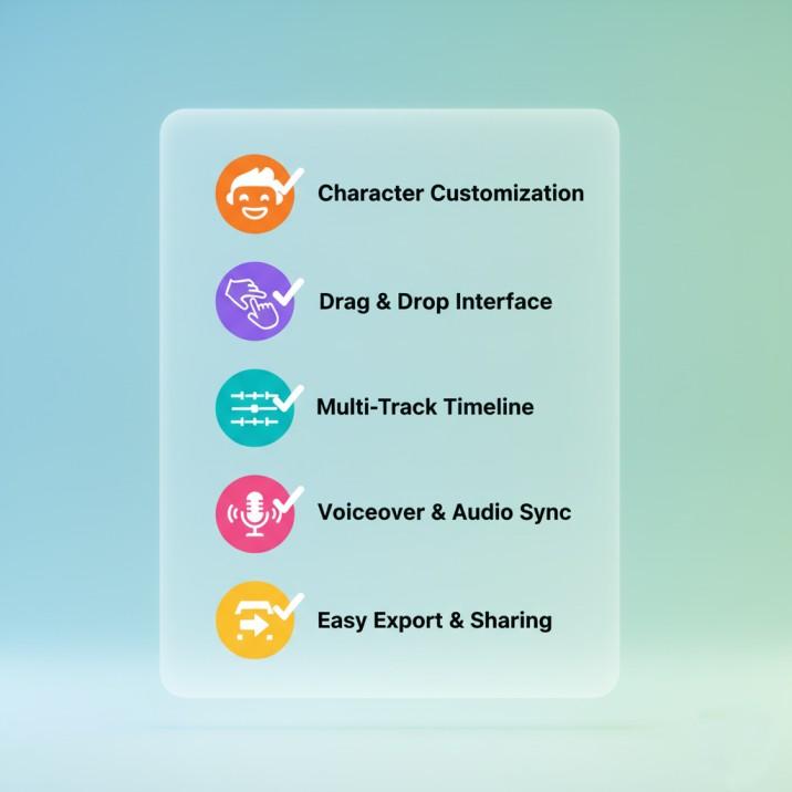 Best GoAnimate Alternative: Top Animation Makers Guide 2 Icons representing essential features users expect from animation tools like characters, drag-and-drop, timeline, voiceover, and export.