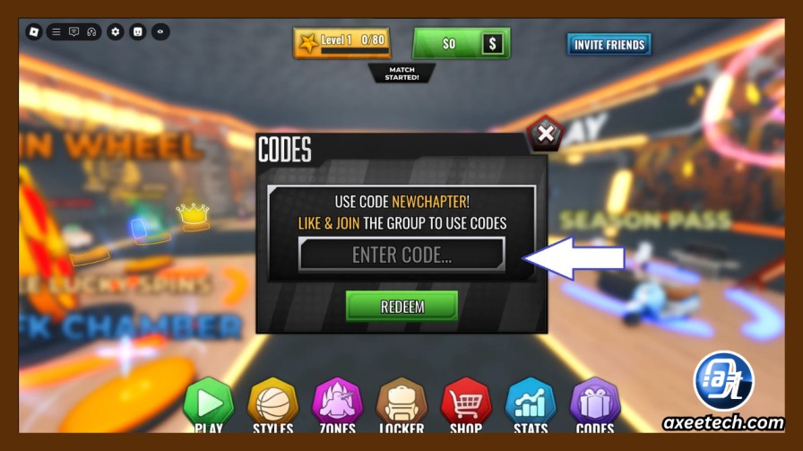 Roblox Basketball Zero main lobby screen highlighting the purple Codes button