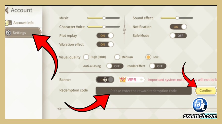 Cherry Tale in-game account settings menu highlighting the Redemption Code button and text box