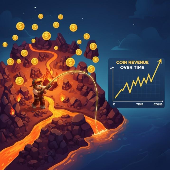 Roblox Fish It Guide 2026: Secret Fish, Best Rods, Baits And Enchants 3 A player fishing at the high-yield Kohana Volcano, illustrating the optimal coin-farming route with an A or S tier rod.