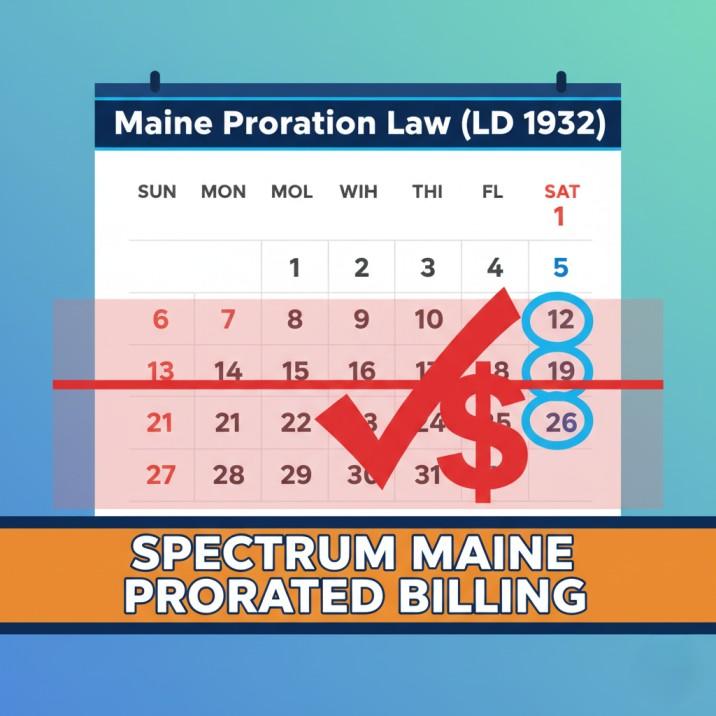 Conceptual graphic illustrating the proration rule: a calendar showing a mid-month cancellation and a pro-rata credit applied for the unused days, citing Maine's LD 1932.