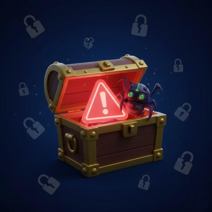Blooket Bot: What It Is, Risks, And Safer Ways To Win 2 A digital treasure chest opening to reveal a computer virus and warning symbols instead of prizes, representing the danger of cheat links.