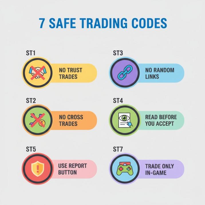 How To Avoid Getting Scammed In Adopt Me (2026 Guide) 3 How To Avoid Getting Scammed In Adopt Me, Infographic checklist summarizing the seven essential safe trading codes, with icons for "No Trust Trades," "No Random Links," and "Read Before You Accept perfect for.