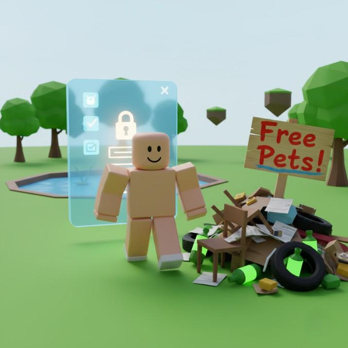 How To Avoid Getting Scammed In Adopt Me (2026 Guide) 1 Low-poly illustration of a Roblox avatar walking away from a safe trade window towards a deceptive pile of items marked "Free Pets," demonstrating how scams lure players out of the official system.