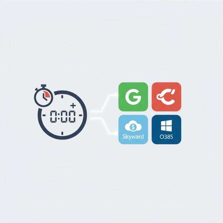 Conroe ISD SSO Login Guide: ClassLink Launchpad Made Simple 3 Graphic illustration showing a clock and various app icons, representing the time-saving benefits of the SSO Launchpad.