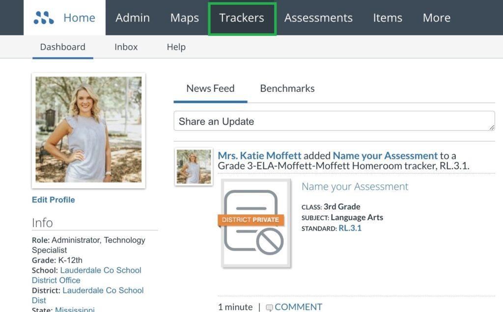 K 12 Assessment Platform And Data Solution To Track Student Mastery 1 A screenshot of a website interface shows a navigation bar with "Trackers" highlighted in green. Displaying an update about an assessment she added to a Grade 3 tracker.