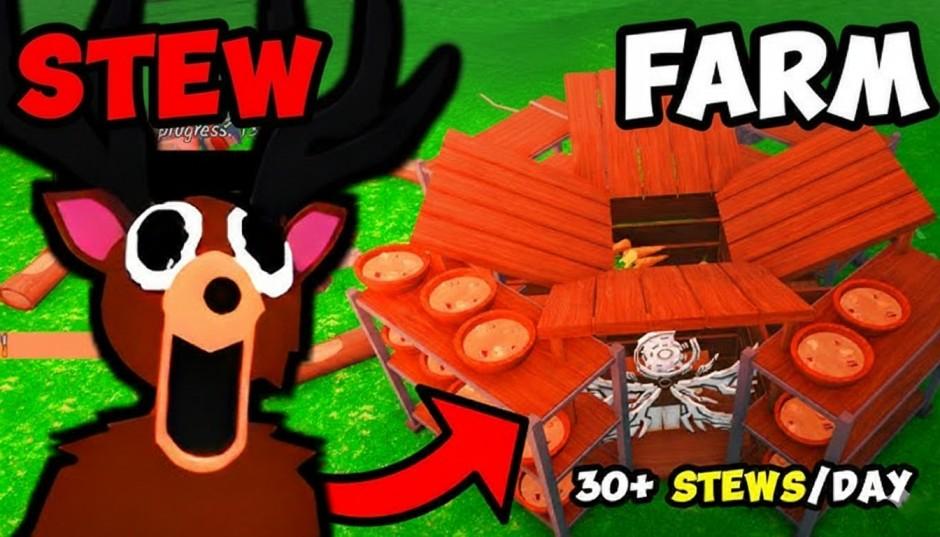How to AFK in 99 Nights in the Forest (500 Days+ AFK Base Guide) 2 Stew farm build in 99 Nights in the Forest, with a red arrow pointing to a wooden platform surrounded by stew pots.