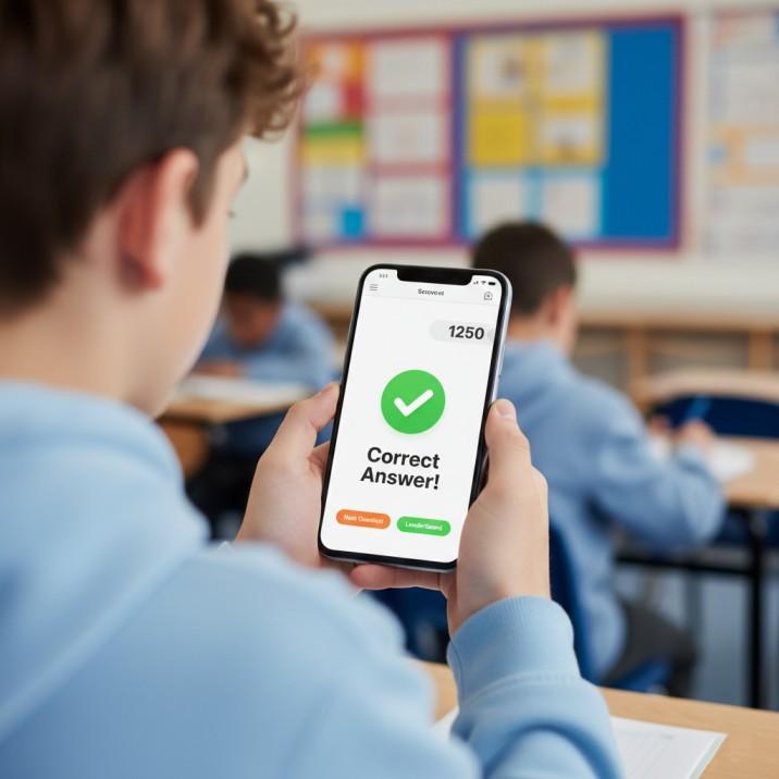 15 Best Blooket Alternatives For Fun Classroom Quiz Games 3 Close-up view of a student's hands holding a smartphone displaying a correct answer on a quiz app.