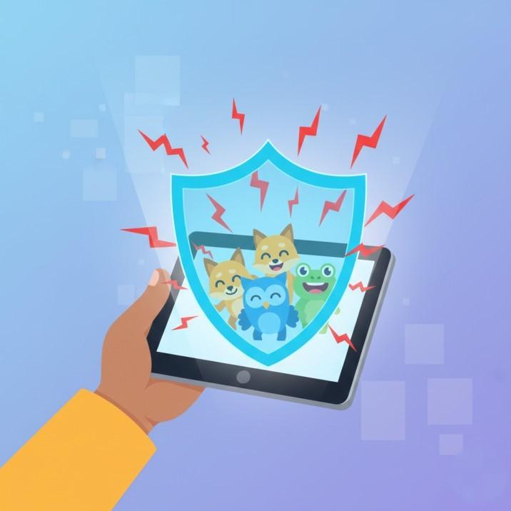 Blooket Bot: What It Is, Risks, And Safer Ways To Win 3 A teacher's tablet projecting a digital security shield that protects colorful game characters from external glitch attacks.