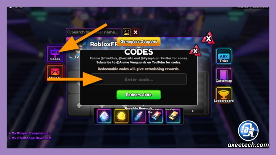 In-game UI showcase of the blue profile button and purple codes tab in Anime Vanguards