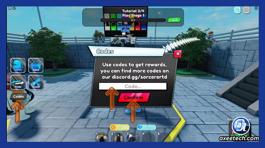 In-game screenshot of the Codes redemption menu in Roblox Sorcerer Tower Defense