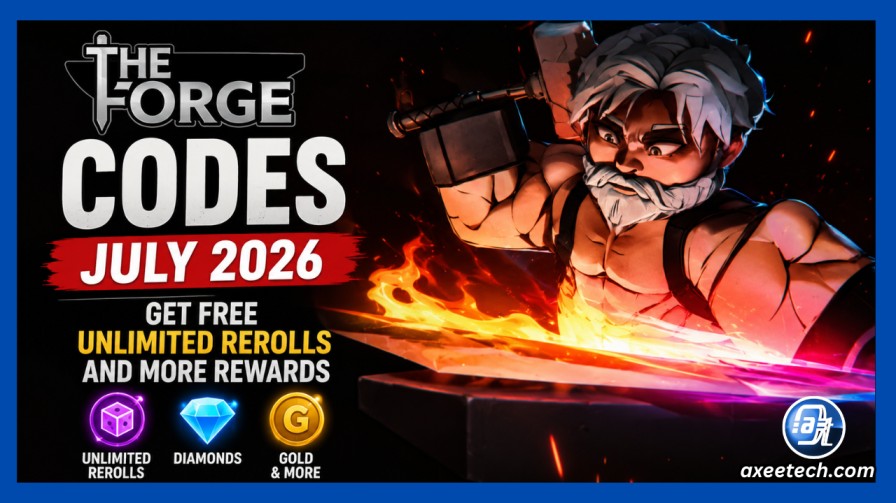 An official promotional graphic of a muscular blacksmith forging a glowing hot sword on an anvil with sparks flying