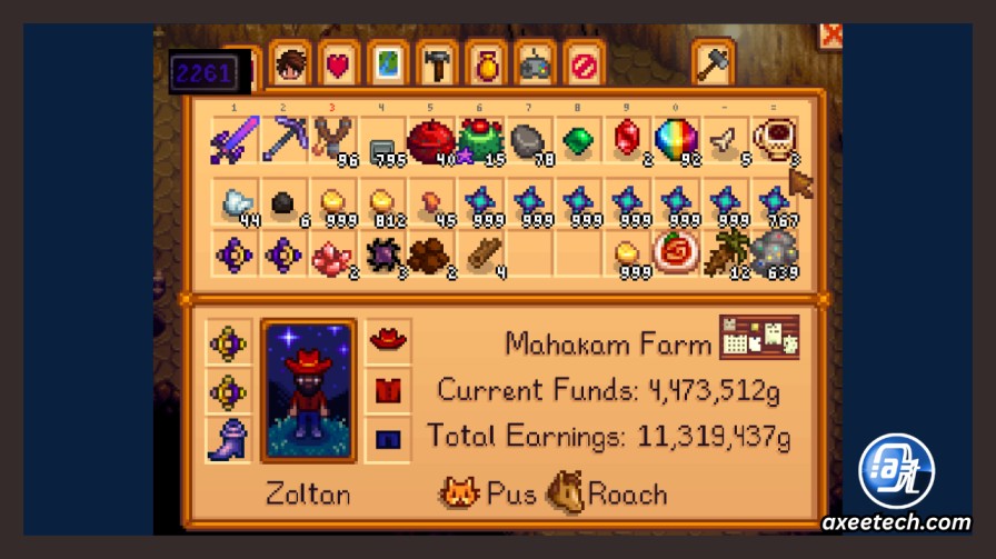 Stardew Valley inventory screen showcasing rare items and prismatic shards.

