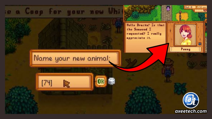 In-game character dialogue box showing NPC greeting the farmer by name.