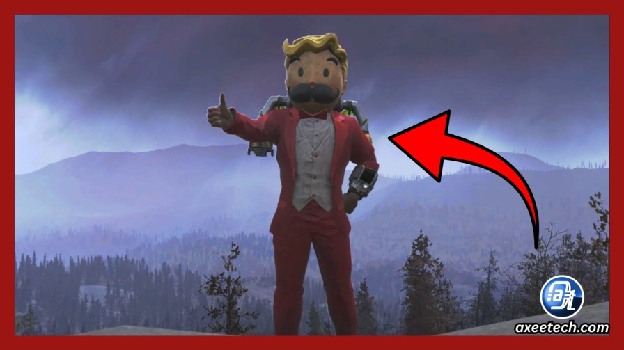 Vault Dweller character at an Armor Workbench inspecting a Mr. Vault Boy Mascot outfit and custom Pip-Boy skin