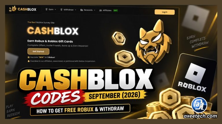 Cashblox earning platform dashboard interface with Roblox character and Robux reward graphics.