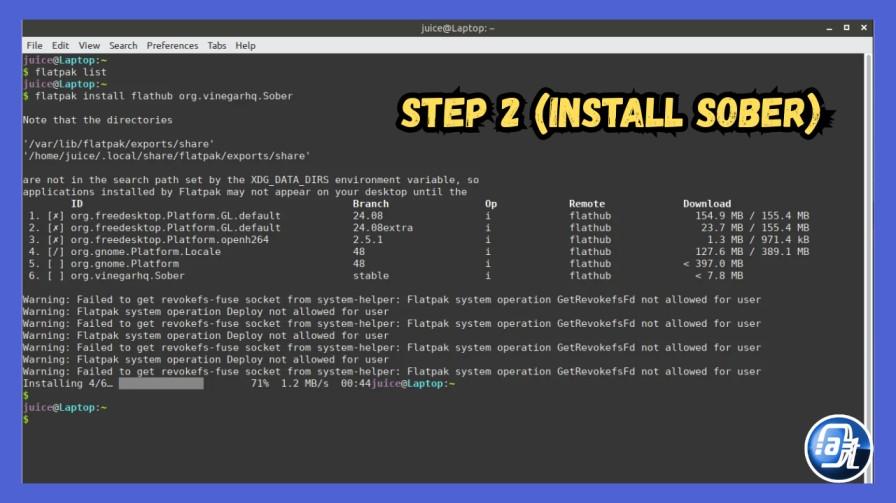 Screenshot of the flatpak install flathub org.vinegarhq.Sober command running and completing in terminal