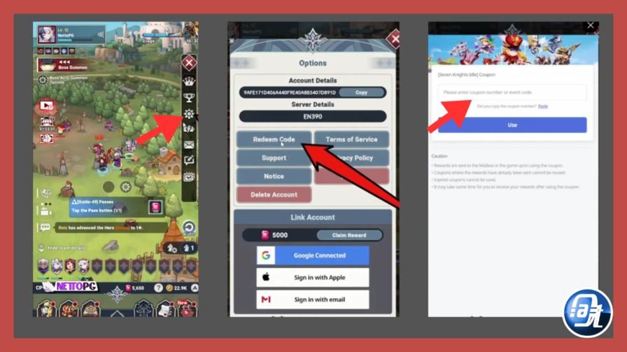 How to redeem codes in Seven Knights Idle Adventure — Settings menu Redeem Code screen on Android