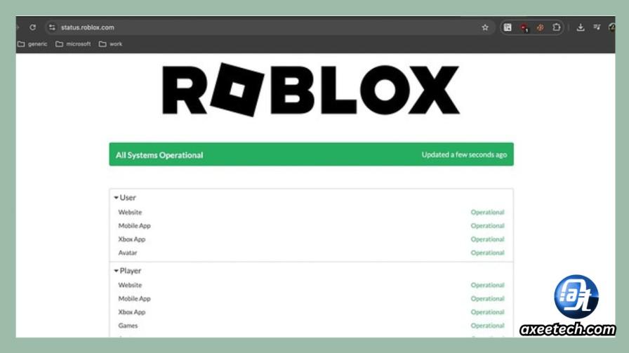 The official Roblox server status website showing system operational health, website performance, and active game server outages.
