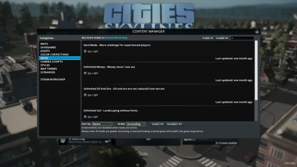 Cities Skylines Cheats: Complete Guide to Money, Unlocks & Console Commands (2026) 1 Cities Skylines Content Manager menu showing built-in cheat options including Unlimited Money, Unlock All, and Unlimited Resources checkboxes