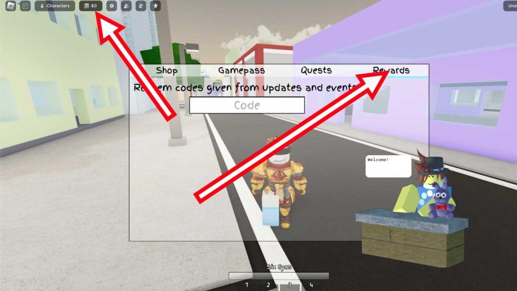 Screenshot showing how to redeem codes in Jujutsu Shenanigans on Roblox with red arrows pointing to the Shop icon on the top bar and the Rewards tab with code entry box.