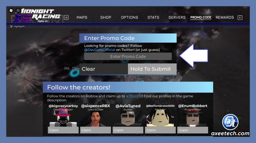 Midnight Racing Tokyo Codes June 2026: All Working Codes + Rewards 2 Screenshot of the Midnight Racing Tokyo main menu highlighting the Promo Code tab at the top of the screen.