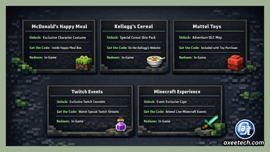 "Minecraft free Minecoin codes from real brand partnerships in 2025: McDonald's Happy Meals, Kellogg's cereal, Mattel toys, Twitch events, and Minecraft Experience"