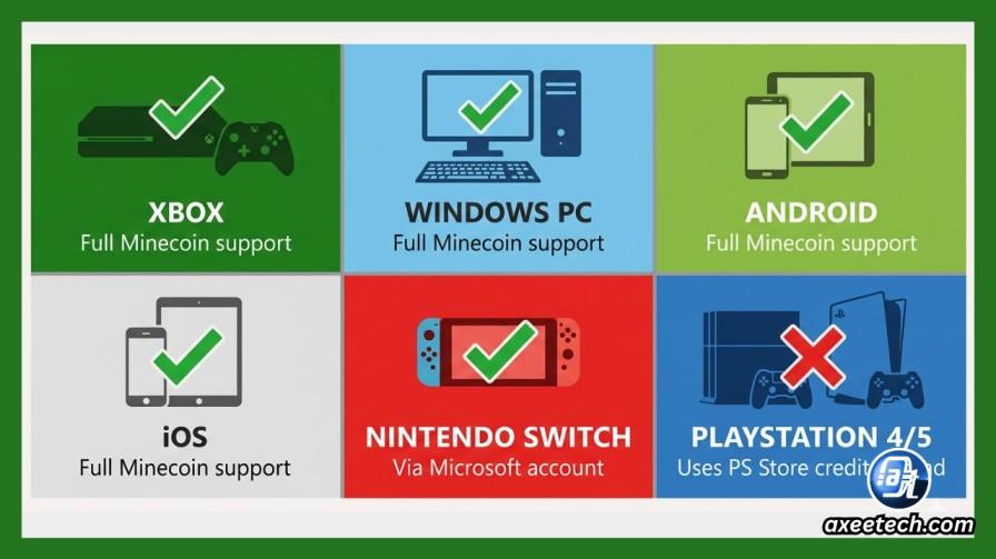 Minecraft Minecoins platform compatibility chart showing Xbox, PC, Android, iOS, and Nintendo Switch fully supported but PlayStation using a separate PS Store currency system