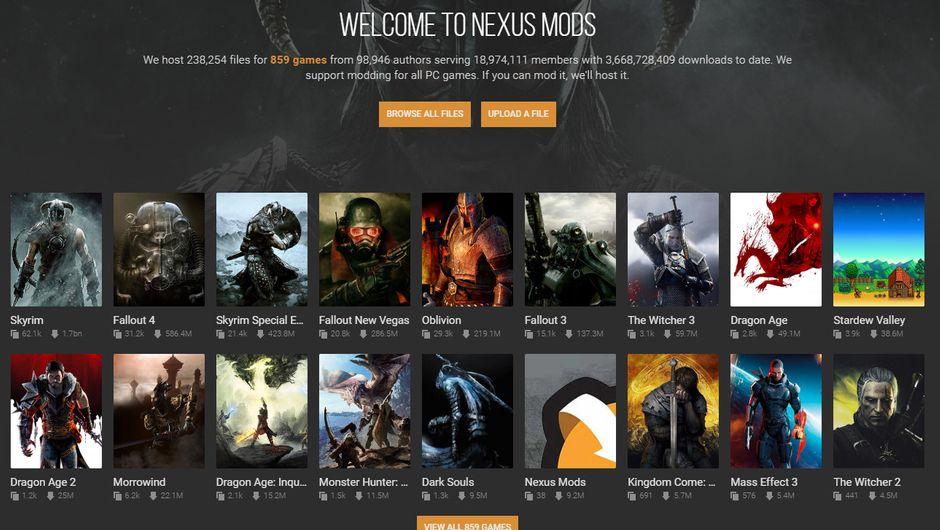 Nexus Mods website page for The Division 2 showing popular safe gameplay mods including visual filters and increased enemy spawns with download buttons
