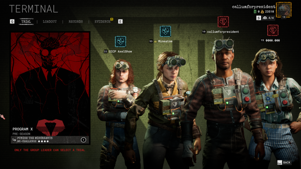 The invite menu in Outlast Trials with plus buttons next to empty player slots for adding cross-platform friends