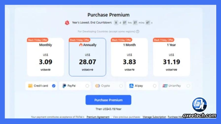 PikPak pricing comparison — Global Premium vs Regional Premium plans showing storage, download speed, and monthly cost differences for 2026